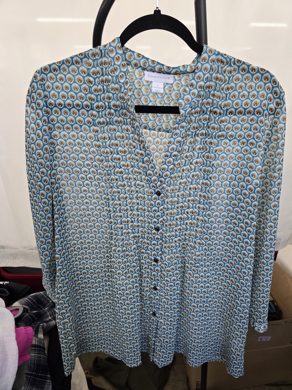 Charter Club Teal and Cream Geometric Button-Down Shirt